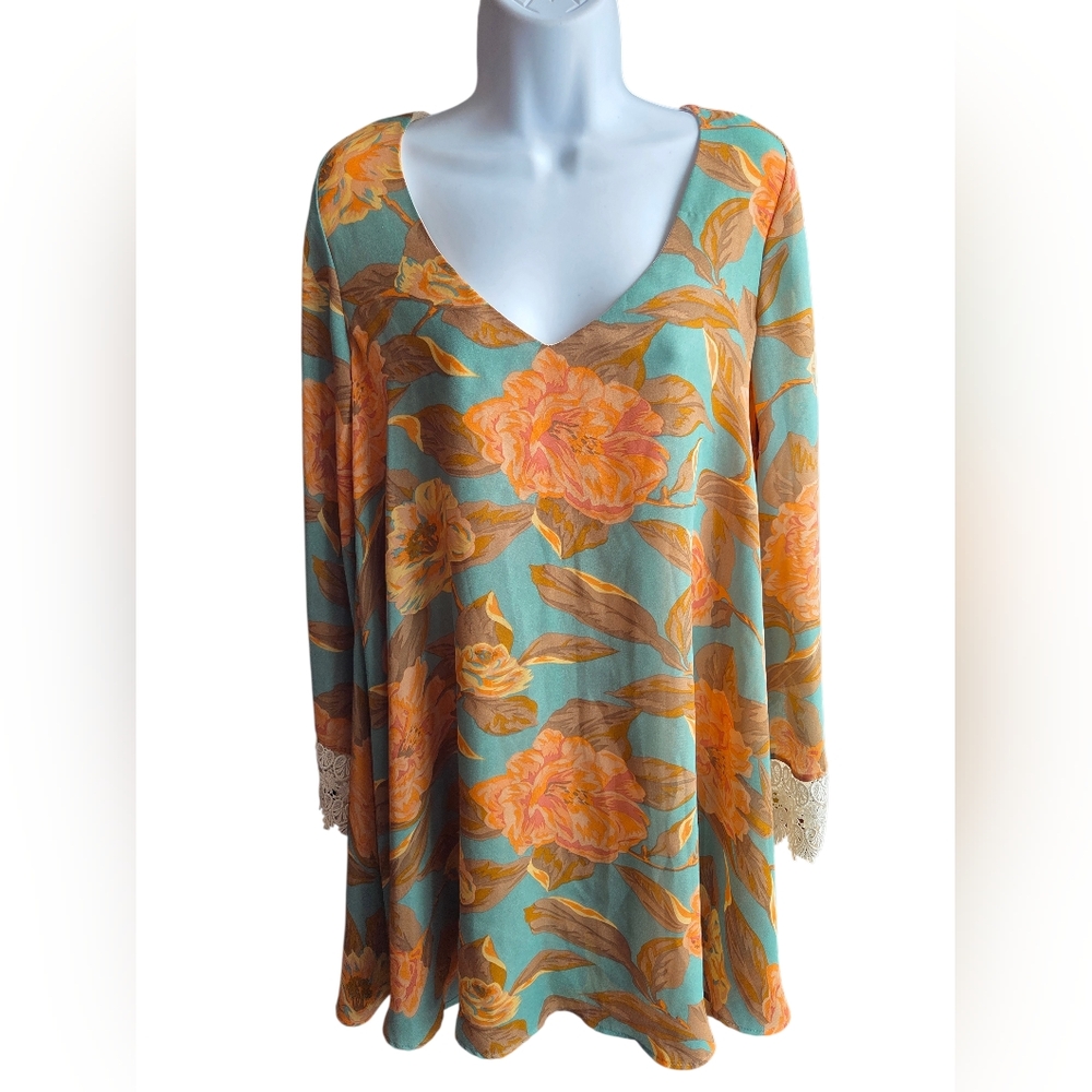 Show Me Your Mumu Blue Portabella Crochet Trim Bell Sleeve Dress Size S